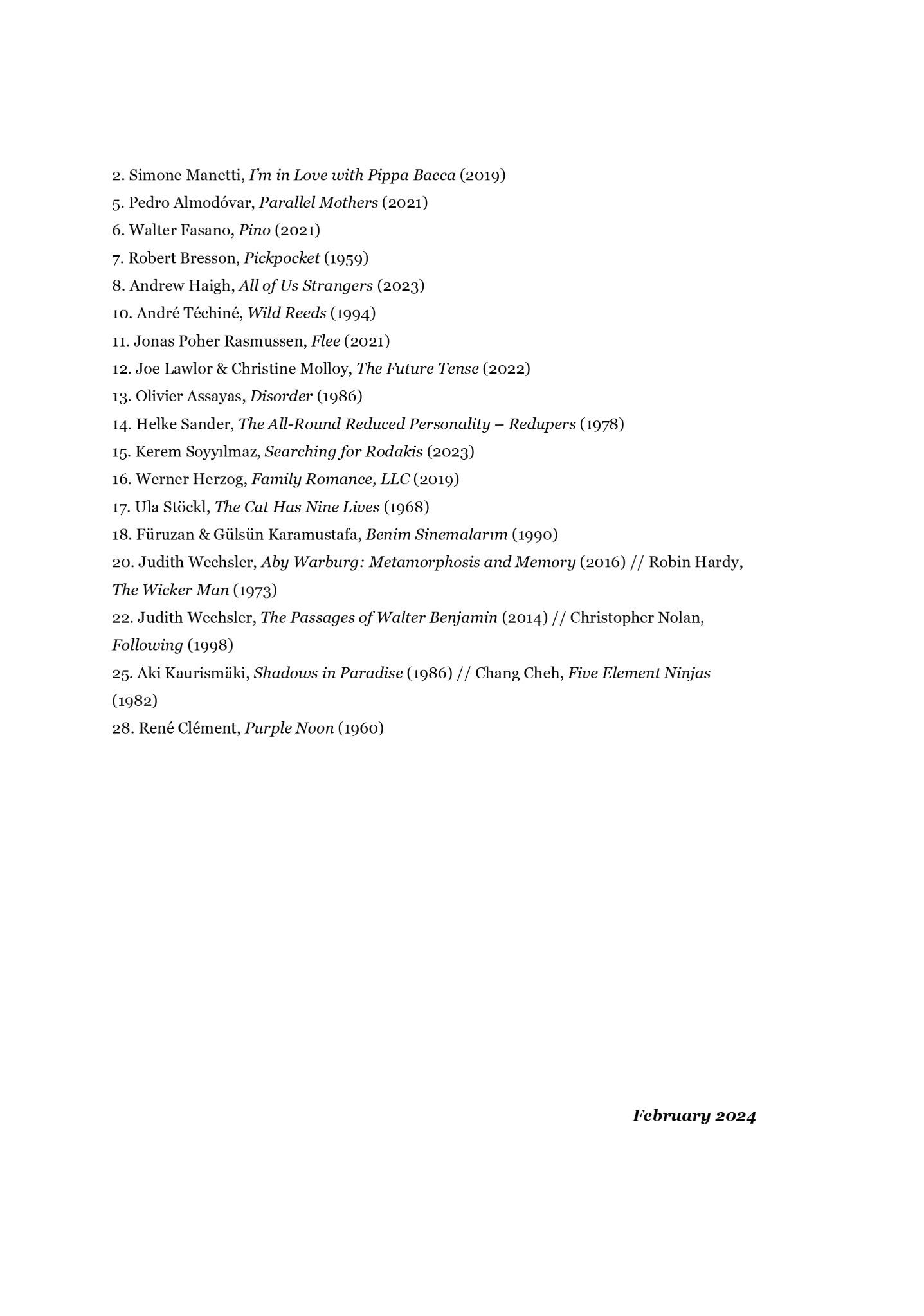 Index of films watched in February 2024, listing directors, titles and years
