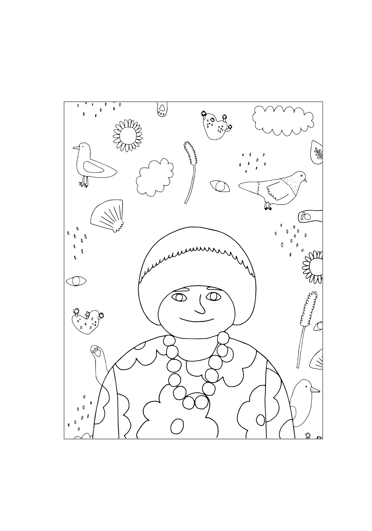 Film-inspired colouring page depicting filmmaker Agnès Varda