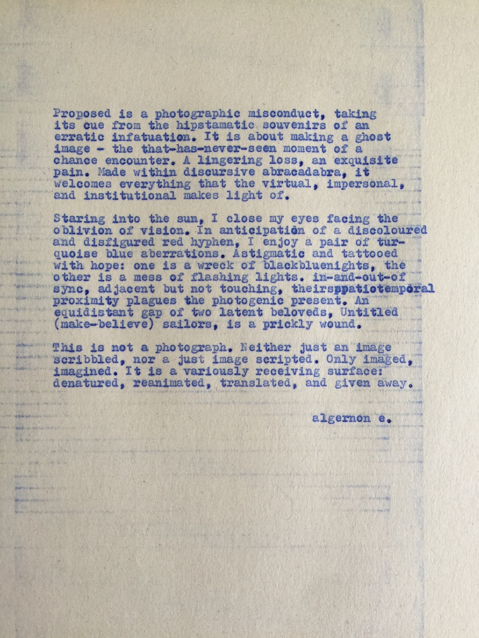 Close view of the blue typewritten text