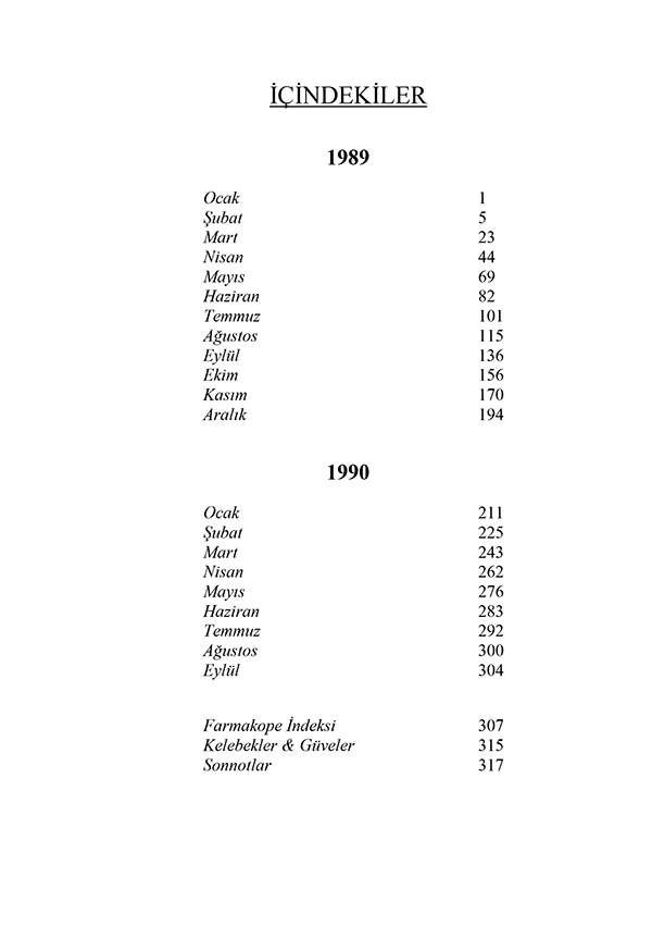 Contents page of Modern Nature / Güncel Doğa