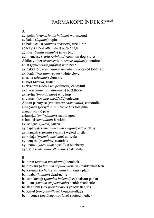 A page from the pharmacopoeia indexing plants mentioned in the diaries